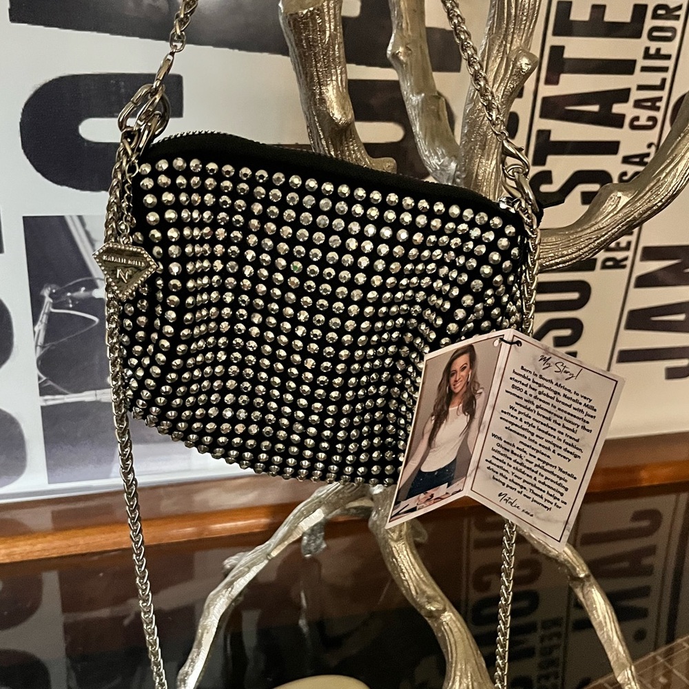 Natalie Mills Black Crystal Crossbody – Rhinestone Embellished Evening Bag – NWT